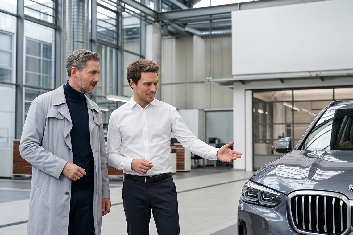 Two corporate professionals discussing next to a gray sedan for BMW international key account fleet management