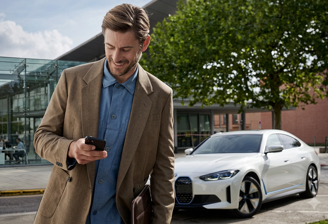 Professional consultant holding a smartphone next to a white luxury BMW vehicle for registered association members