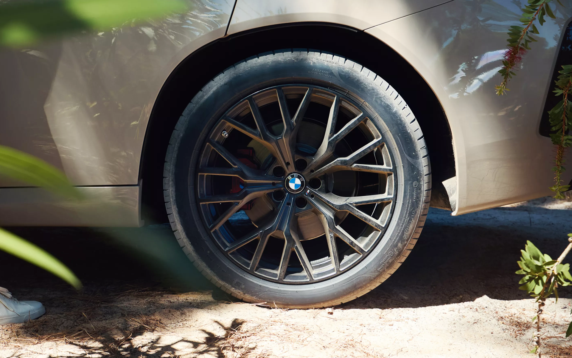Close-up of a BMW sport wheel in summer, parked on a wooded path.