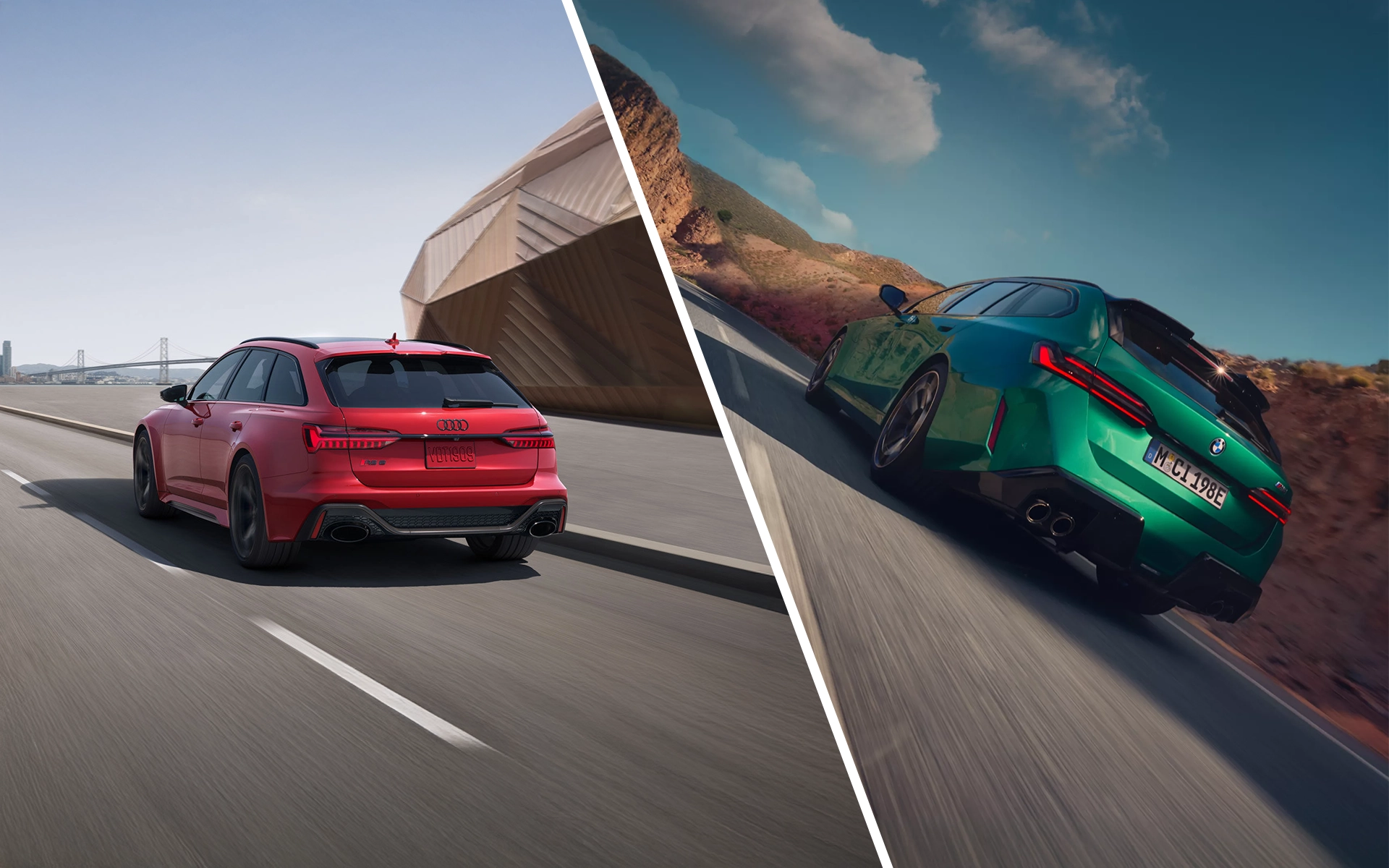 BMW M5 Touring et Audi RS6 Avant 2025 en pleine conduite, mettant en valeur leur allure dynamique sur route – BMW Ste-Agathe.