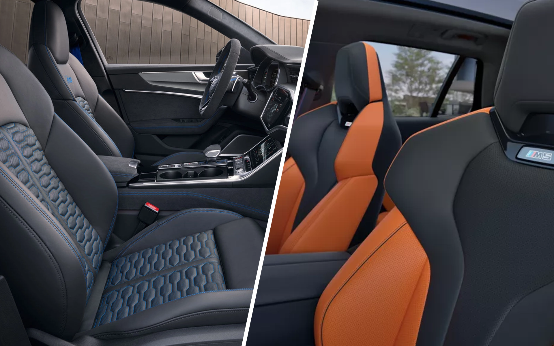 Comparaison des sièges sport : intérieur de l’Audi RS6 avec coutures bleues et de la BMW M5 avec finition orange – BMW Ste-Agathe.