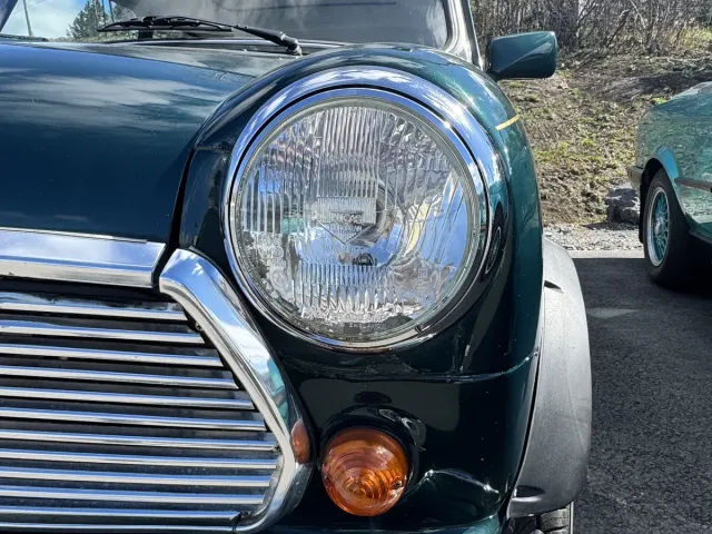 Gros plan sur le phare rond et la calandre chromée de la MINI classique vert foncé.
